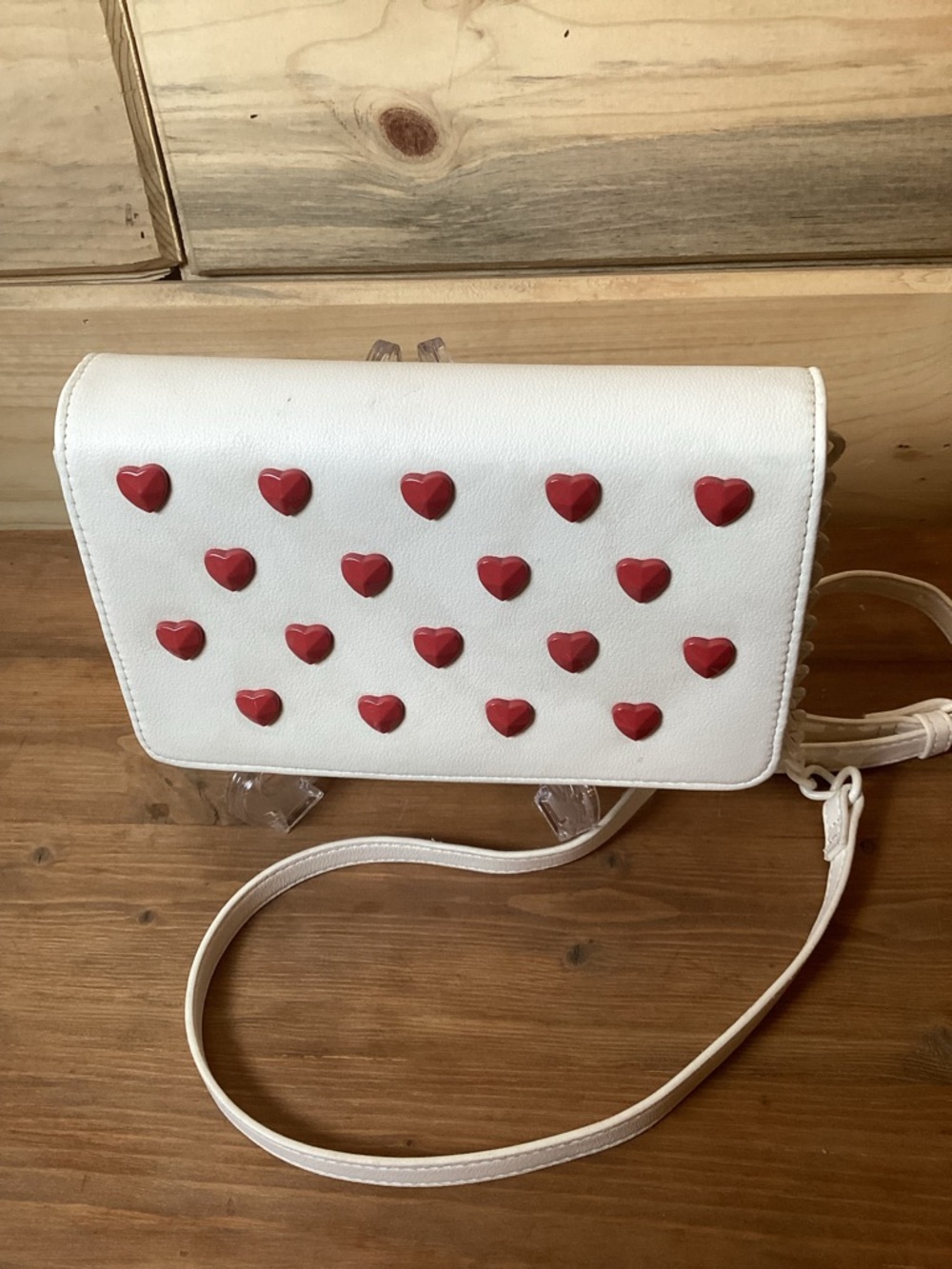 Betsey Johnson White Crossbody with Red Heart Studs